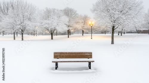 The park glows warmly with street lights as soft snowflakes fall, creating a tranquil atmosphere. Benches are blanketed in snow, inviting quiet reflection