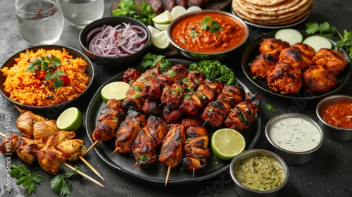 An appetizing Indian meal with chicken tikka masala, tandoori chicken, and appetizers on dark concrete background