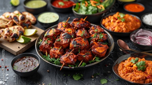 An appetizing Indian meal with chicken tikka masala, tandoori chicken, and appetizers on dark concrete background