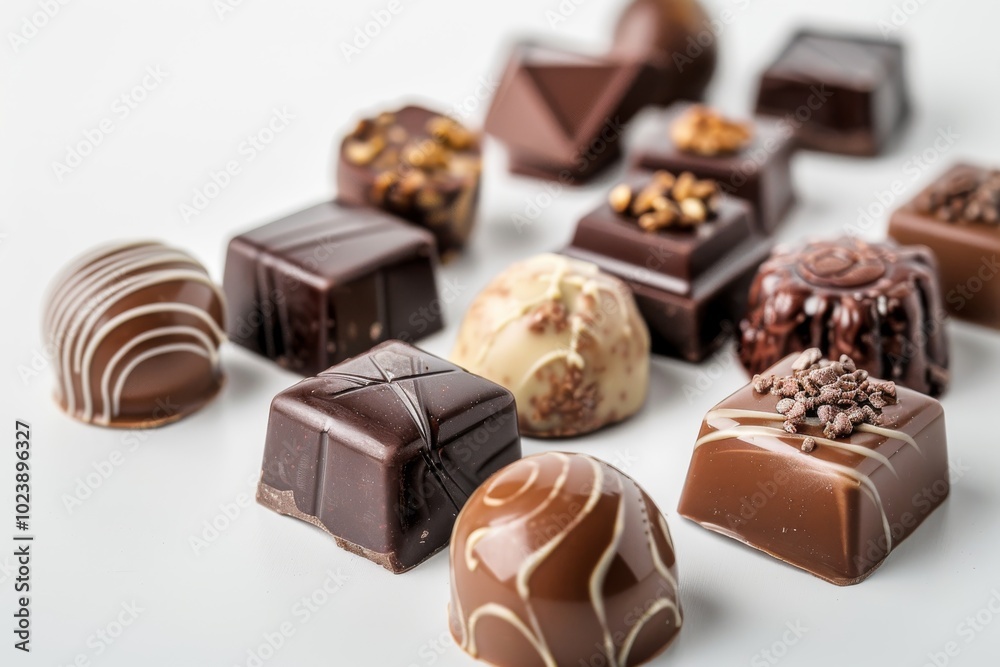 Assorted chocolate candies with nuts and fruit on a white background, with full depth of field, showcasing the variety Assorted chocolate candies with nuts and fruit on a white background, with full depth of field, showcasing the variety