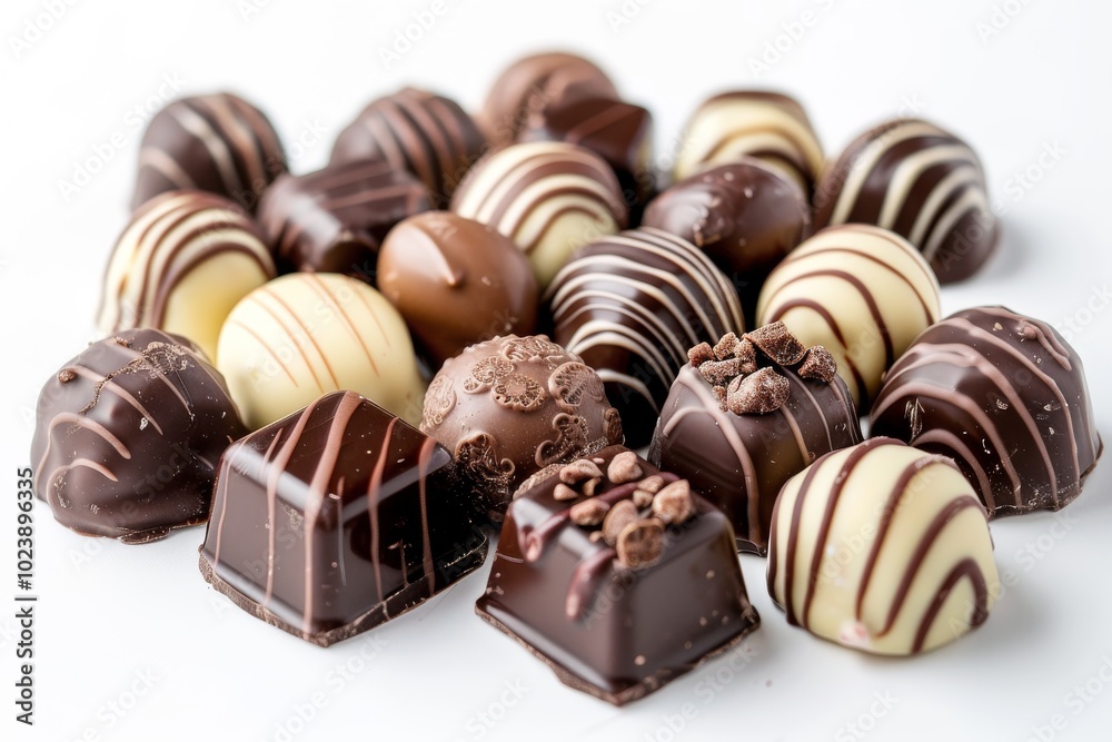 Assorted chocolate candies with nuts and fruit on a white background, with full depth of field, showcasing the variety Assorted chocolate candies with nuts and fruit on a white background, with full depth of field, showcasing the variety