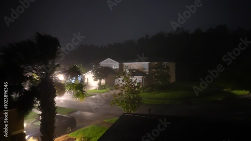 Hurricane big gust wind, heavy rain and lightning on landfall of Hurricane Milton