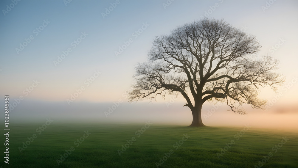 Soft morning fog covering a meadow, with a single tree in the foreground. Soft morning fog covering a meadow, with a single tree in the foreground.