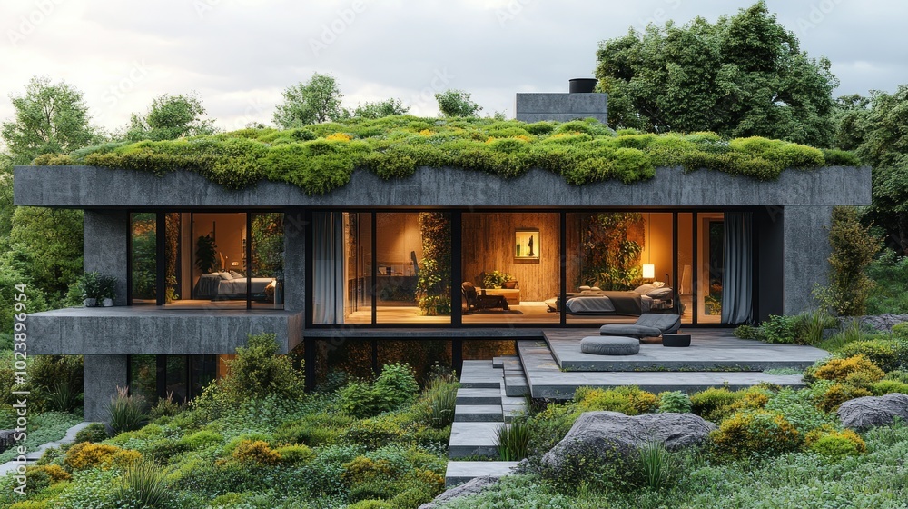 Modern house with a green roof and large windows overlooking a lush garden. Modern house with a green roof and large windows overlooking a lush garden.
