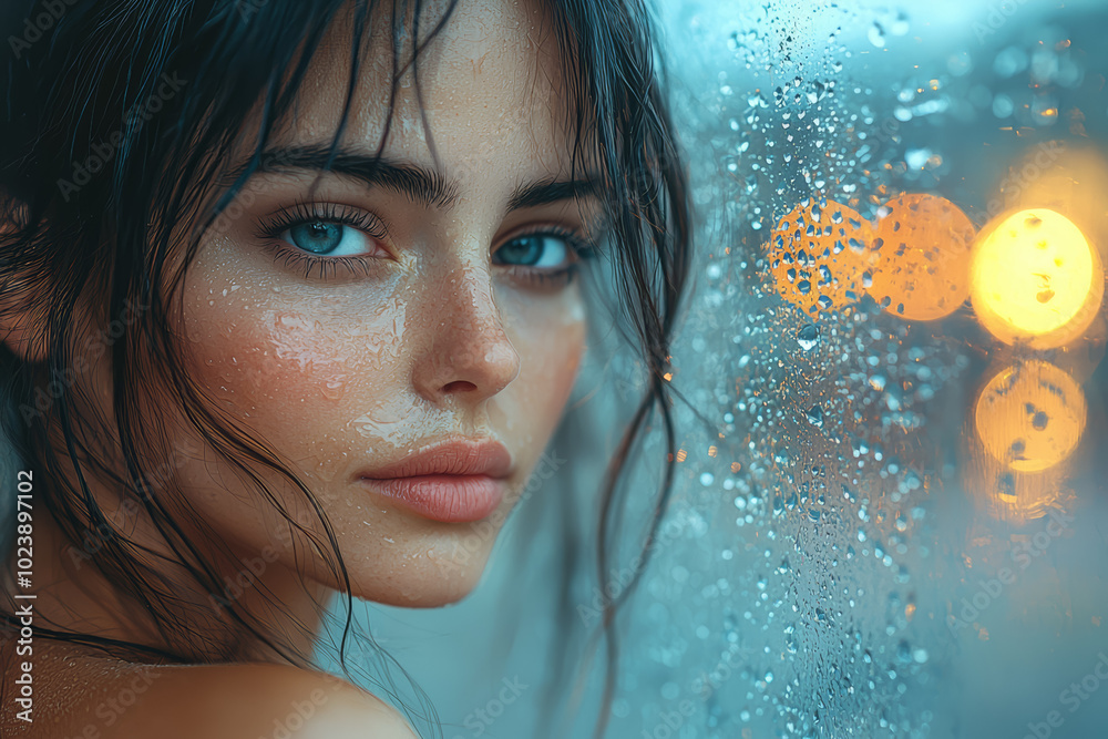 A woman sitting by a window, watching the rain fall, her face reflecting the pain of unfulfilled love. Concept of melancholy. A woman sitting by a window, watching the rain fall, her face reflecting the pain of unfulfilled love. Concept of melancholy.