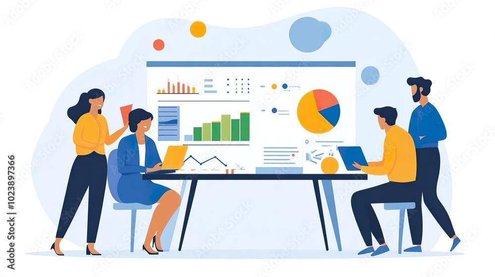 Creative team discussing marketing results with charts and graphs Creative team discussing marketing results with charts and graphs