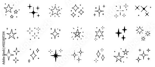 Stars and sparkles doodle set. Twinkle, blink, firework, glitter silhouette and glowing symbols in sketch style. Hand drawn vector illustration isolated on white background