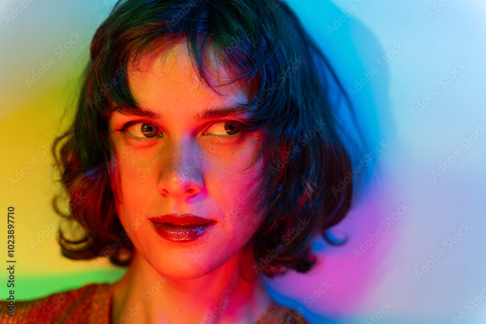 © ADDICTIVE STOCK - Colorful portrait of a young woman in dynamic multicolored lighting © ADDICTIVE STOCK - Colorful portrait of a young woman in dynamic multicolored lighting