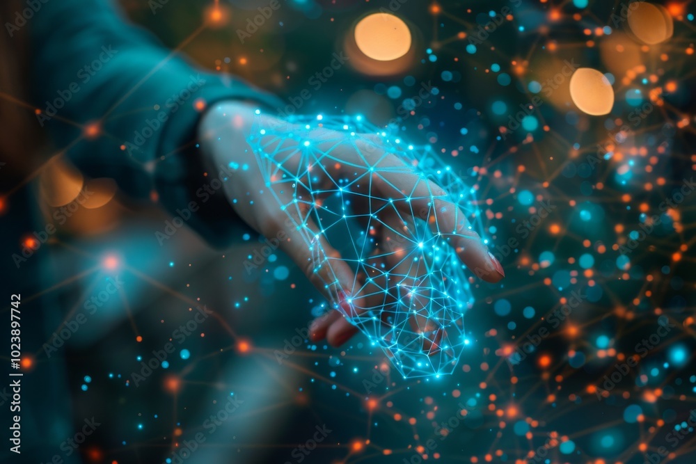 © Pat J. - Businesswoman's hand engaging a digital neural network, showcasing Big Data and AI in a high-tech cyberspace environment