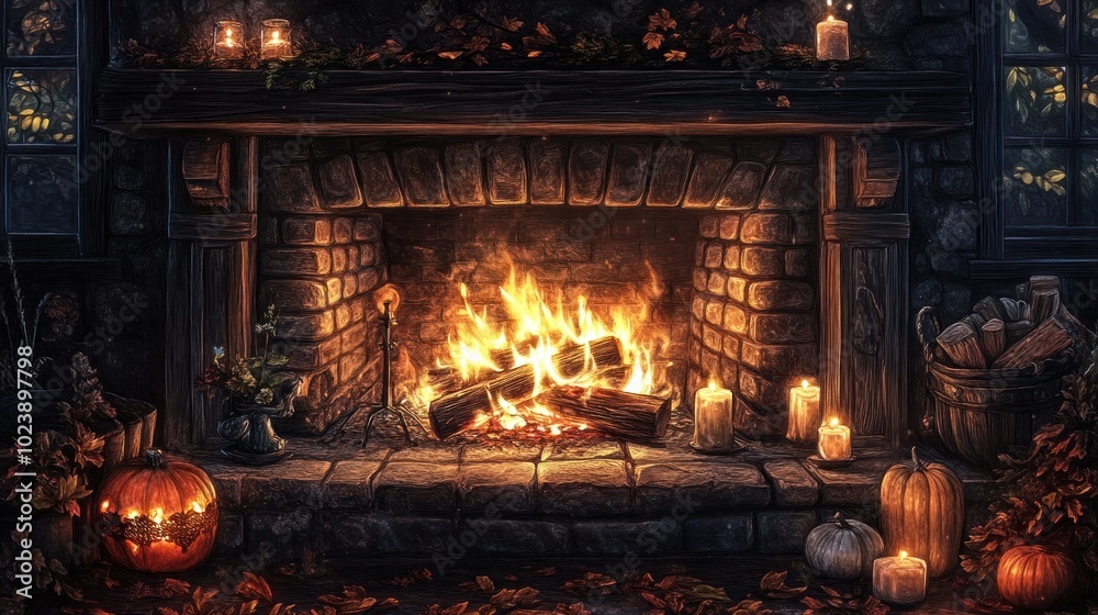 A Cozy Fireplace with Pumpkins and Candles