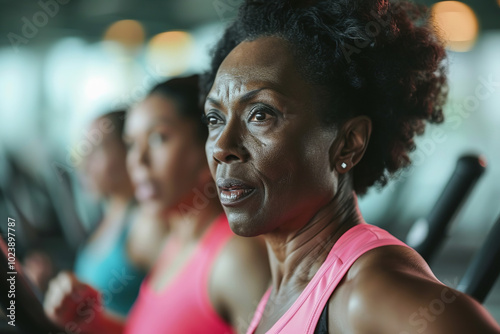 Middle aged Black woman exercising on cardio equipment at gym, friends in background