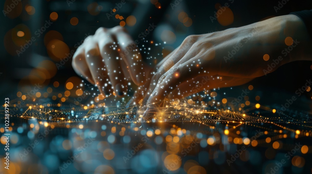 Businesswoman's hand engaging a digital neural network, showcasing Big Data and AI in a high-tech cyberspace environment Businesswoman's hand engaging a digital neural network, showcasing Big Data and AI in a high-tech cyberspace environment