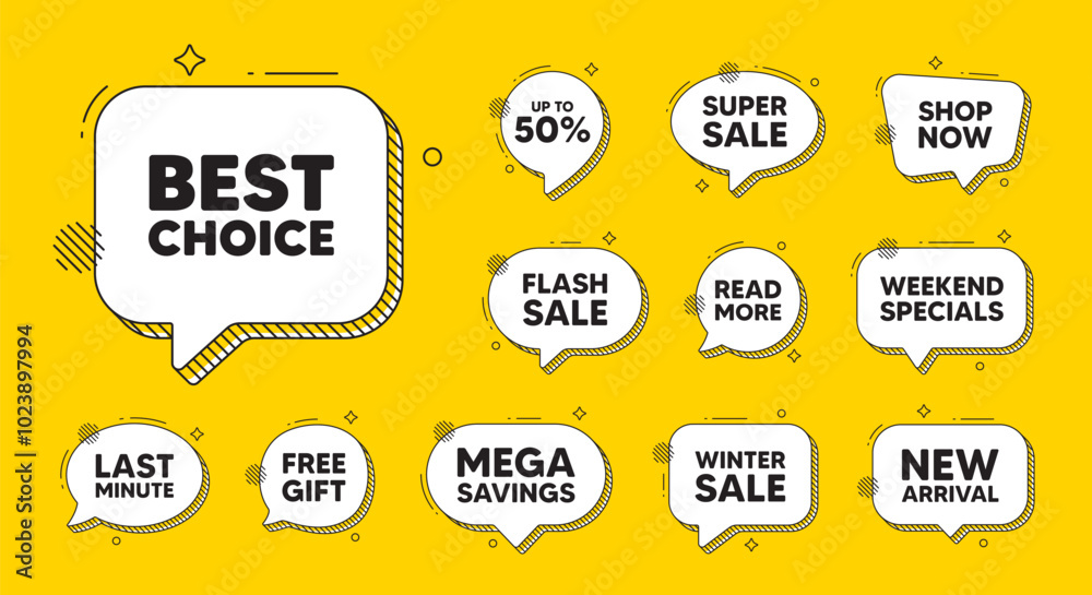 Obraz premium Offer speech bubble icons. Best choice tag. Special offer Sale sign. Advertising Discounts symbol. Best choice chat offer. Speech bubble discount banner. Text box balloon. Vector