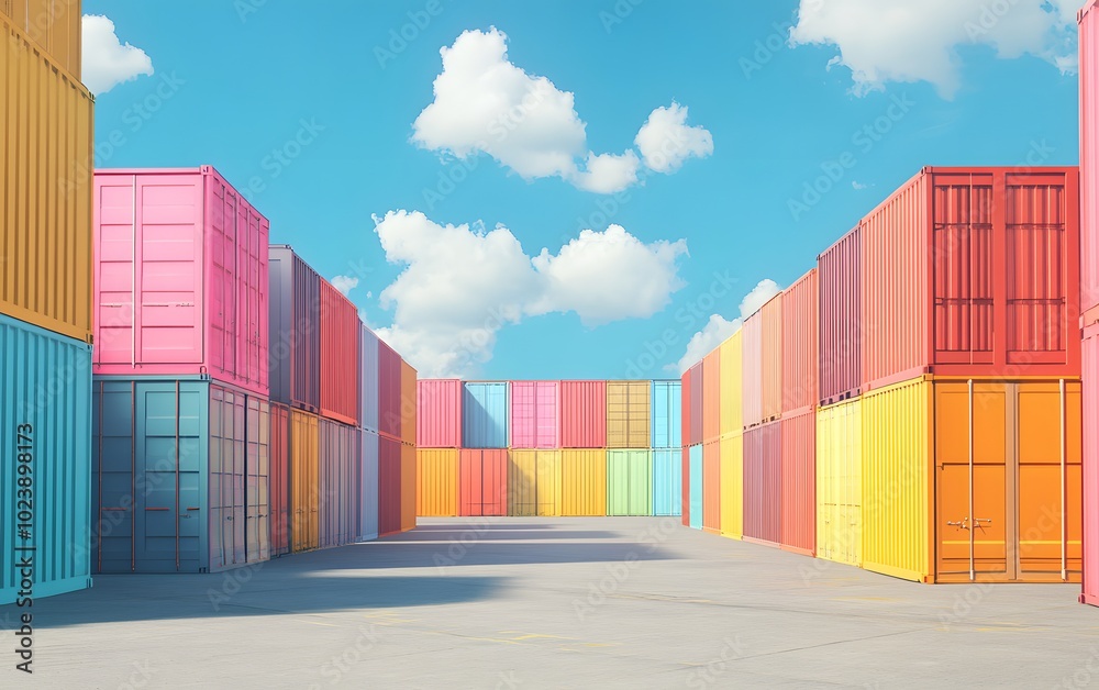 Fototapeta premium A vibrant scene of colorful shipping containers against a clear blue sky, ideal for logistics, travel, and industrial themes.