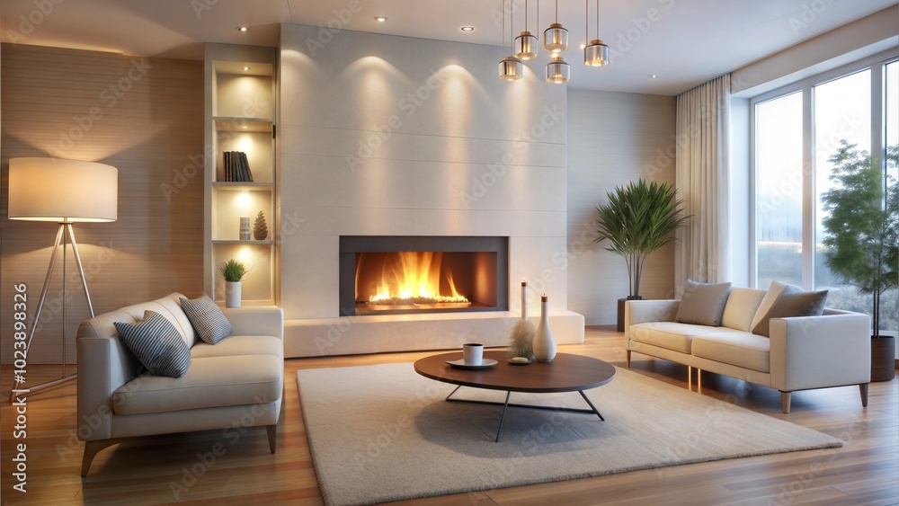 Modern living room with a fireplace and cozy furniture for home heating and comfort Modern living room with a fireplace and cozy furniture for home heating and comfort