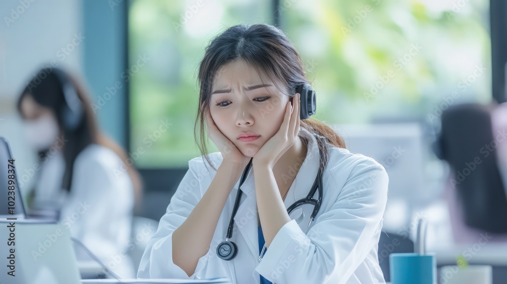 Young Asian medical staff feeling stressed and tired after long work hours. Providing care through telehealth services. Young Asian medical staff feeling stressed and tired after long work hours. Providing care through telehealth services.