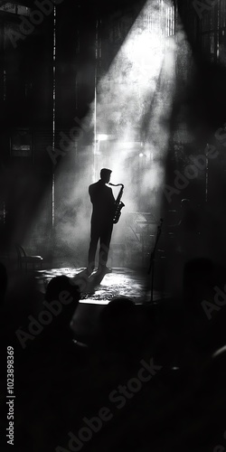 Saxophonist performing in dramatic lighting