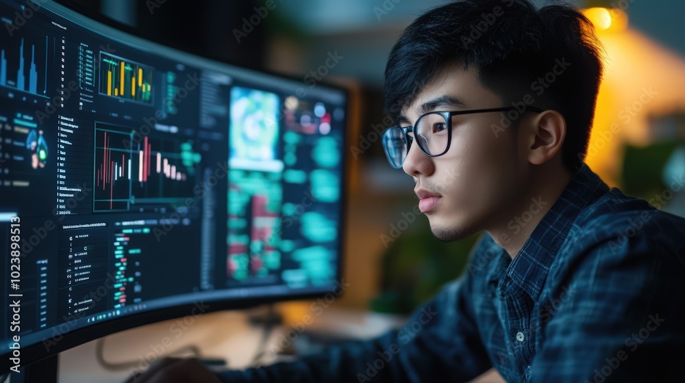 Young Asian SEO specialist analyzing data on a desktop. Working remotely with digital marketing tools and performance metrics. Young Asian SEO specialist analyzing data on a desktop. Working remotely with digital marketing tools and performance metrics.