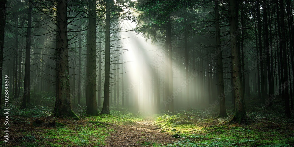 Fototapeta premium Sunlight filtering through dense forest trees