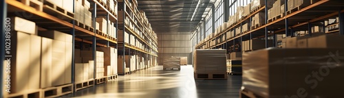 Spacious warehouse interior filled with stacked boxes, highlighting industrial storage and logistics solutions. photo