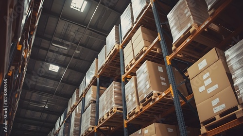 Aerial view of a warehouse interior showcasing organized shelves stacked with neatly packed cardboard boxes.