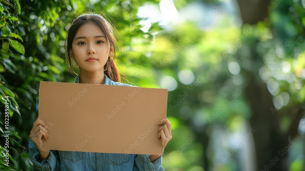 Young Asian woman holding a banner advocating for planet care in a city park. Promoting eco-friendly practices and reducing plastic waste. Young Asian woman holding a banner advocating for planet care in a city park. Promoting eco-friendly practices and reducing plastic waste.