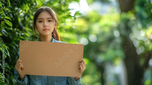 Young Asian woman holding a banner advocating for planet care in a city park. Promoting eco-friendly practices and reducing plastic waste.