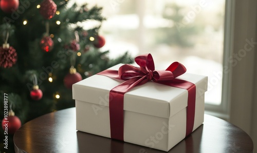 A white box with a red ribbon sits on a table next to a Christmas tree --ar 5:3 --v 6.1 Job ID: 83f42efb-86c1-4f40-b162-df5f65f0b178