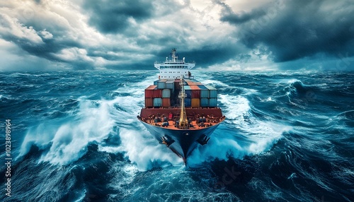 A cargo ship navigating through turbulent ocean waters under a dramatic sky, showcasing the power of maritime transport. photo