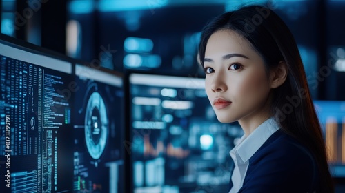 Young Asian woman working on AI and big data analytics. Engaged in digital transformation and upskilling from a modern home office.