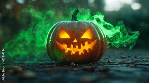 Glowing Jack-o'-Lantern with Eerie Green Smoke in the Dark - Made with Generative AI photo