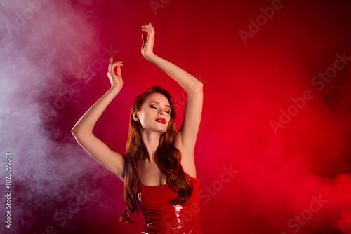 Canvas Print Photo of lovely attractive lady raise hands dancing dressed sexy leather garment