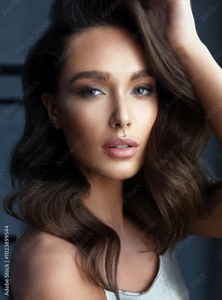 Naklejka premium A beautiful woman with long hair and expertly applied makeup, exuding elegance and confidence in her appearance.