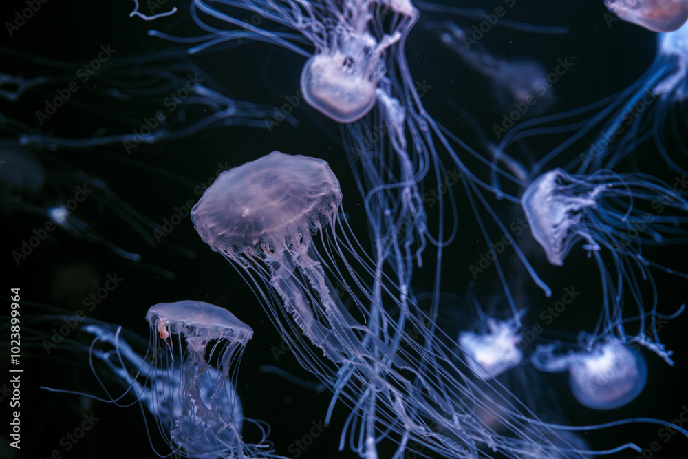 Fototapeta premium Group of Atlantic sea nettle, Chrysaora quinquecirrha, East Cost sea nettle jellyfish, floating in illuminated aquarium with neon light. Theriology, biodiversity, undersea life, aquatic organism