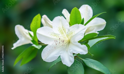 A white flower with green leaves is the main focus of the image