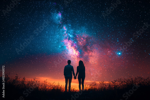 Obraz na płótnie A couple watching the stars together, holding hands and smiling at the beauty of the night sky. Concept of romance and happiness. w salonie