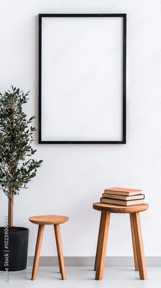 Minimalist interior design with a black frame and wooden stools. Minimalist interior design with a black frame and wooden stools.