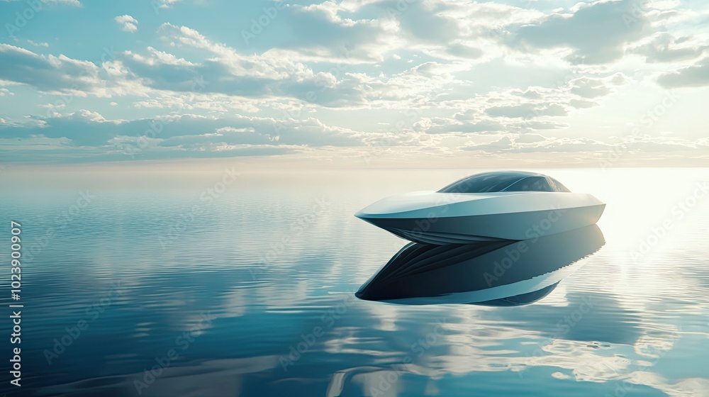 Obraz premium A Futuristic White Speedboat Floating on a Calm Sea