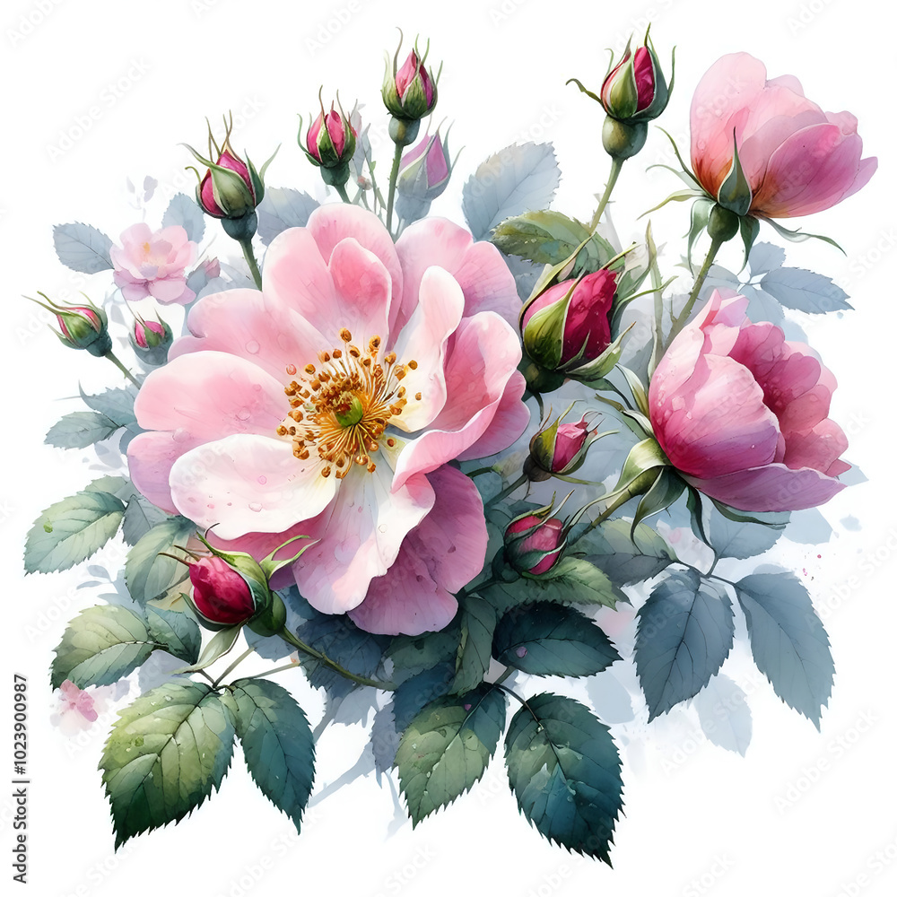 Obraz premium bouquet of pink roses, set of garden autumn flowers, watercolor floral bouquet of flowers