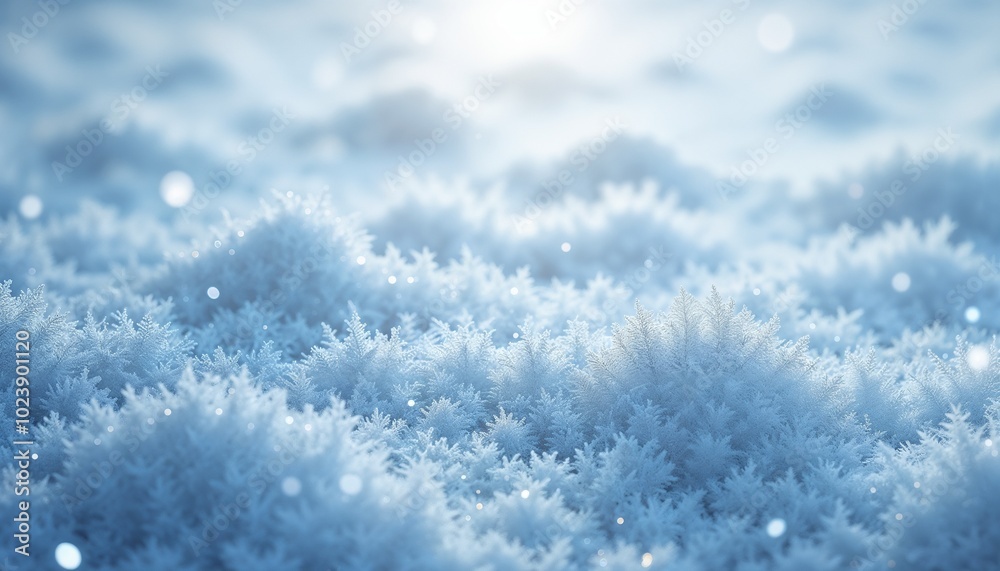 Close-up of delicate frost-covered snowflakes on a serene winter landscape with a soft blue hue
Close-up of delicate frost-covered snowflakes on a serene winter landscape with a soft blue hue