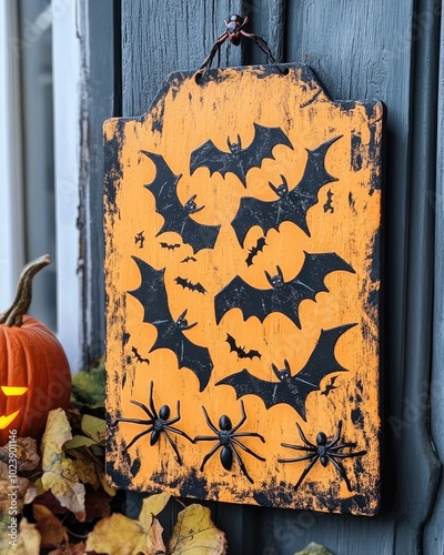 Halloween Decorated Sign with Bats and Spiders photo