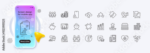 Winner podium, Build and Meditation eye line icons for web app. Phone mockup gradient screen. Pack of Journey, Discrimination, Power info pictogram icons. Currency, Piggy bank, Payment signs. Vector