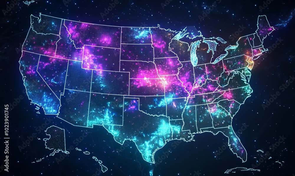 A vibrant digital representation of the United States highlighting individual states and their borders A vibrant digital representation of the United States highlighting individual states and their borders