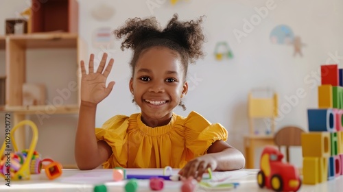 Smiling girl engaged in remote learning, receiving math support while studying at home, counting on her fingers and writing in a notebook