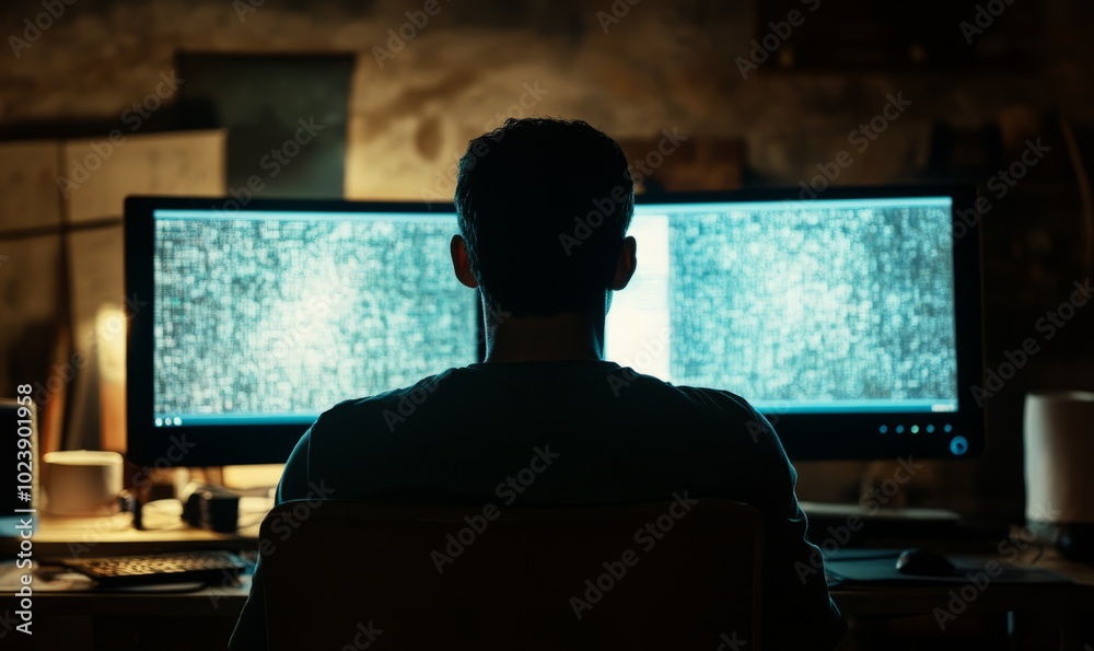 A man is sitting in front of two computer monitors A man is sitting in front of two computer monitors