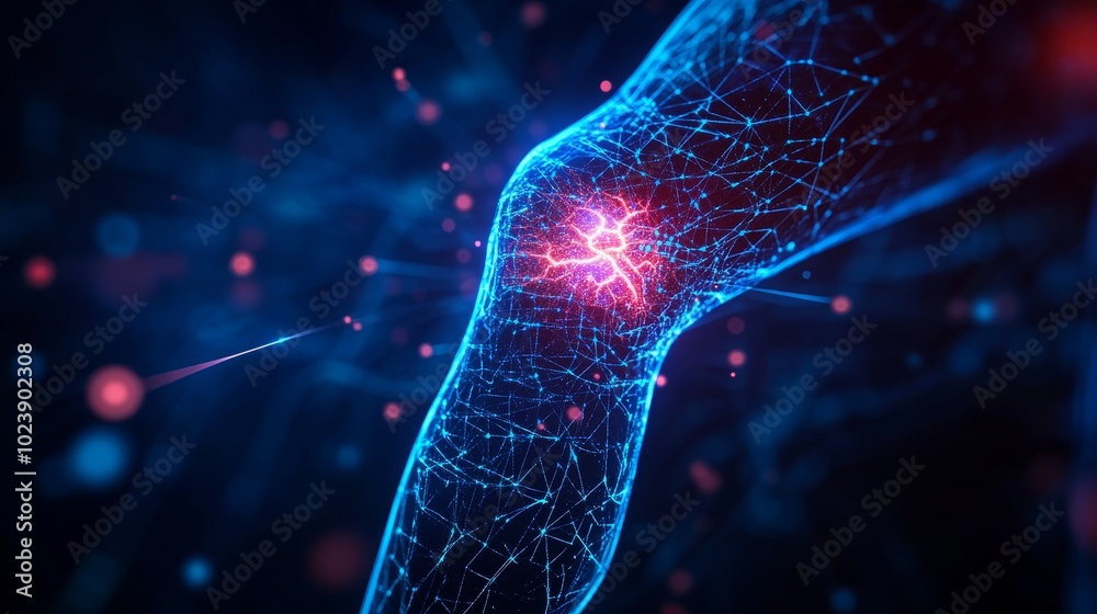 A holographic display reveals a knee injury in vivid neon blue, surrounded by swirling healing technology, futuristic medical lab, Cyberpunk, Neon A holographic display reveals a knee injury in vivid neon blue, surrounded by swirling healing technology, futuristic medical lab, Cyberpunk, Neon