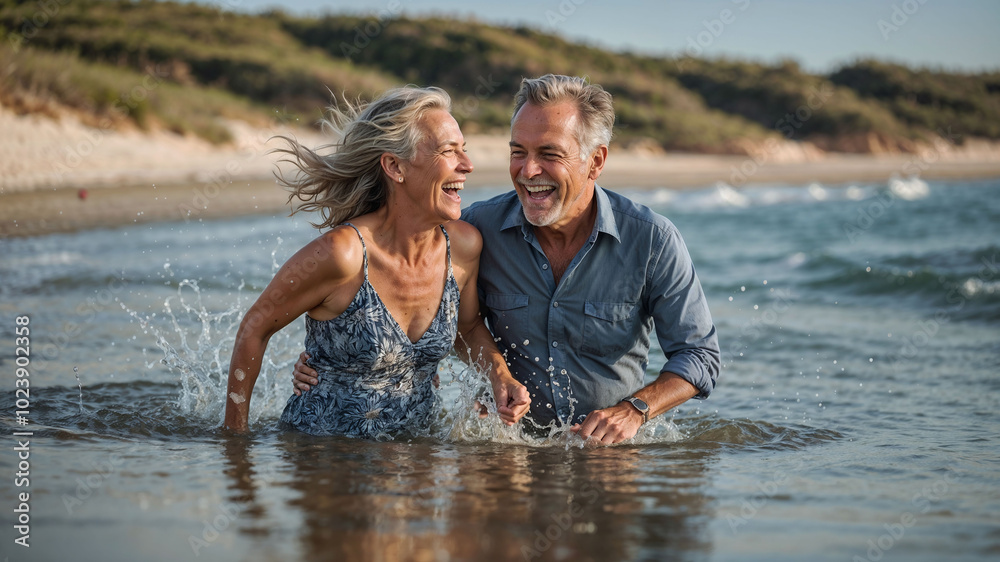 A happy senior couple laughing and enjoying themselves in the ocean, making the most of a sunny beach day A happy senior couple laughing and enjoying themselves in the ocean, making the most of a sunny beach day