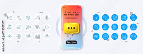 Phone mockup with 3d chat icon. Statistics, Target and Chemical hazard line icons. Pack of Cyber attack, Ranking stars, Portfolio icon. Stress protection, Fake news, Car review pictogram. Vector