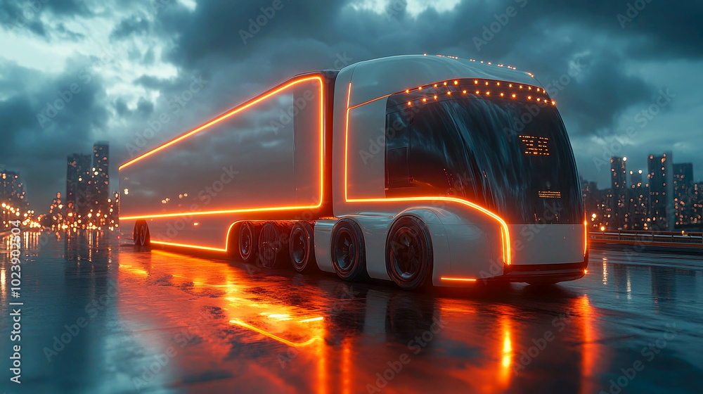 Futuristic autonomous smart truck with neon lights on a rainy night in the city Futuristic autonomous smart truck with neon lights on a rainy night in the city
