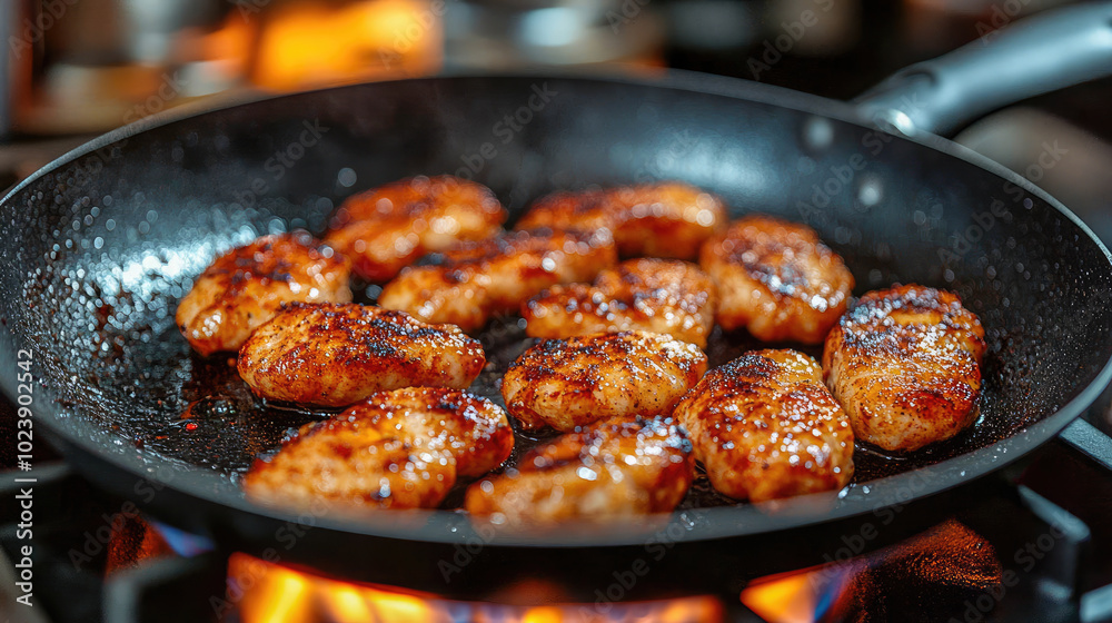 Closeup of chicken breasts being fried in a pan, beautifully browned and garnished with herbs